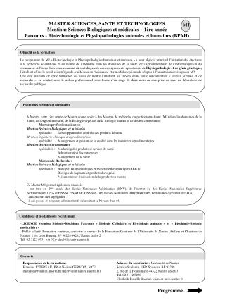 MASTER SCIENCES, SANTE ET TECHNOLOGIES Mention: Sciences Biologiques et médicales – 1ère année