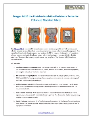 Megger MJ15 the Portable Insulation Resistance Tester for Enhanced Electrical Safety