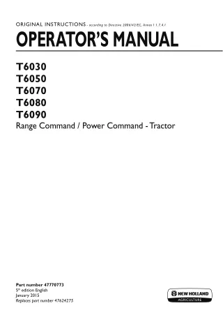 New Holland T6030 T6050 T6070 T6080 T6090 Range Command Power Command Tractor Operator’s Manual Instant Download (Public