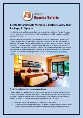 Create Unforgettable Memories and Explore Luxury Tour Packages in Uganda