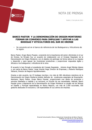 Ángel Ron y Banco Pastor firman un acuerdo con DO Monterrei
