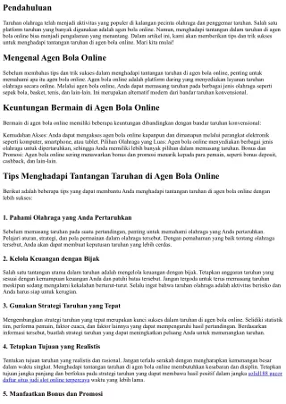 Menghadapi Tantangan Taruhan di Agen Bola Online: Tips dan Trik Suksesnya