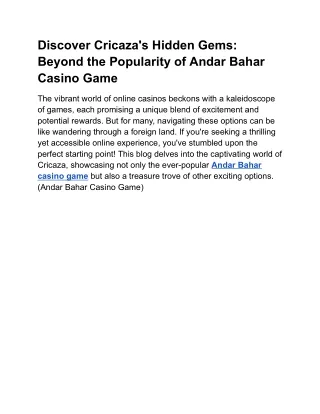 Discover Cricaza's Hidden Gems_ Beyond the Popularity of Andar Bahar Casino Game