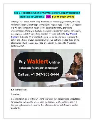 Top 3 Reputable Online Pharmacies for Sleep Prescription Medicine in California, USA Buy Waklert Online