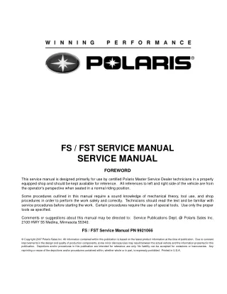 2006 POLARIS FS TOURING SNOWMOBILE Service Repair Manual