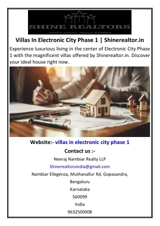 Villas In Electronic City Phase 1 | Shinerealtor.in