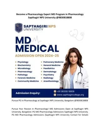 Pursue PG in Pharmacology at Sapthagiri NPS University, Bangalore @9830818808