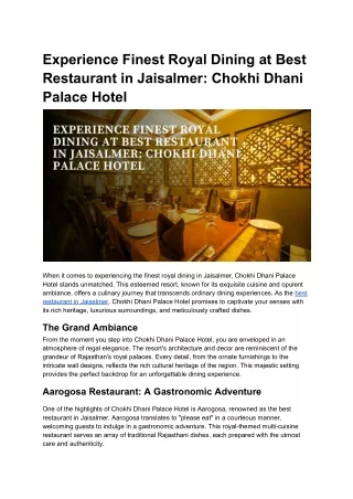 Experience Finest Royal Dining at Best Restaurant in Jaisalmer_ Chokhi Dhani Palace Hotel