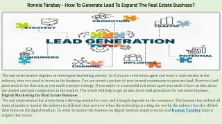 Ronnie Tarabay - How To Generate Lead To Expand The Real Estate Business