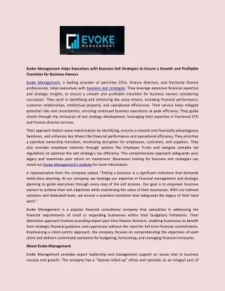 Evoke Management Helps Executives with Business Exit Strategies to Ensure a Smooth and Profitable Transition for Busines