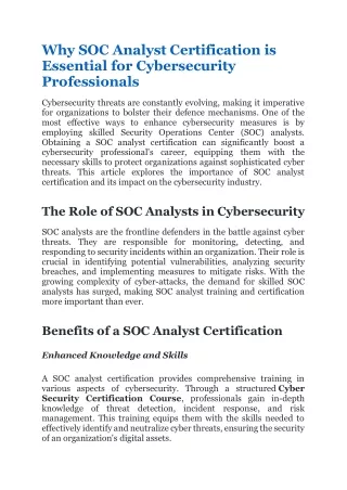 Why SOC Analyst Certification is Essential for Cybersecurity Professionals