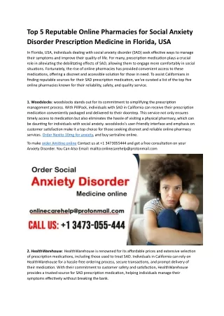 Top 5 Reputable Online Pharmacies for Social Anxiety Disorder Prescription Medicine in Florida, USA