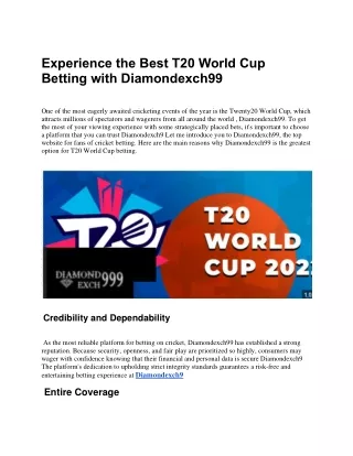 Experience the Best T20 World Cup Betting with Diamondexch99