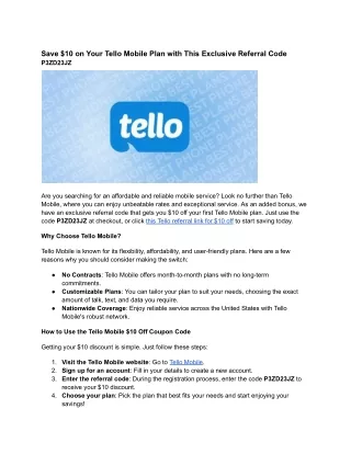 Tello Coupon Referral $10 Code P3ZD23JZ