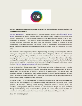 CDP Print Management Offers Lithographic Printing Services to Meet the Diverse Needs of Clients with Precise Detail and