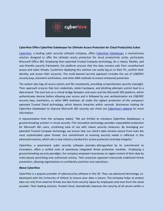 CyberHive Offers CyberHive Gatekeeper for Ultimate Access Protection for Cloud Productivity Suites