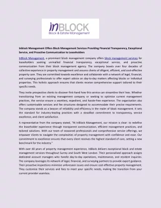 Inblock Management Offers Block Management Services Providing Financial Transparency, Exceptional Service, and Proactive