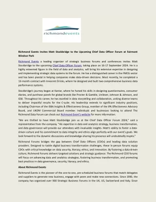 Richmond Events Invites Matt Stockbridge to the Upcoming Chief Data Officer Forum at Fairmont Windsor Park