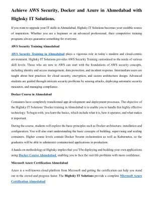 Achieve AWS Security, Docker and Azure in Ahmedabad with Highsky IT Solutions.