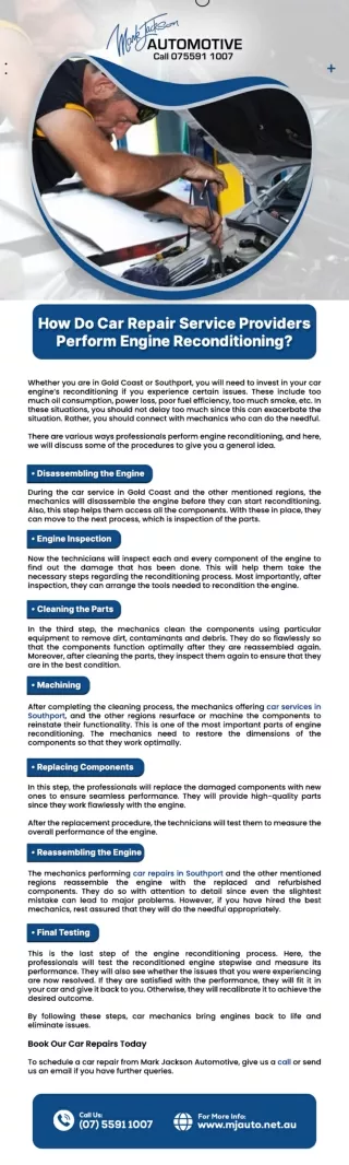 How Do Car Repair Service Providers Perform Engine Reconditioning?