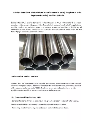 Stainless Steel 304L Welded Pipes Stockists In India