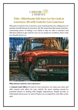 Effortlessly Sell Your Car for Cash in Lawrence, KS with Cash for Cars Lawrence