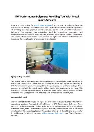 ITW Performance Polymers Providing You With Metal Epoxy Adhesive