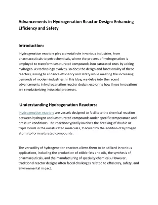 Advancements in Hydrogenation Reactor Design