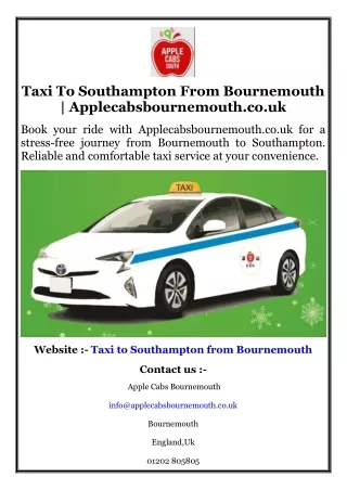 Taxi To Southampton From Bournemouth  Applecabsbournemouth.co.uk