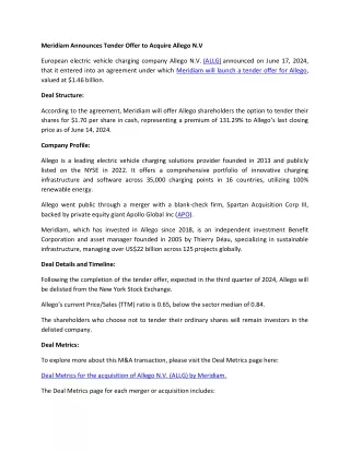 Meridiam Announces Tender Offer to Acquire Allego N.V