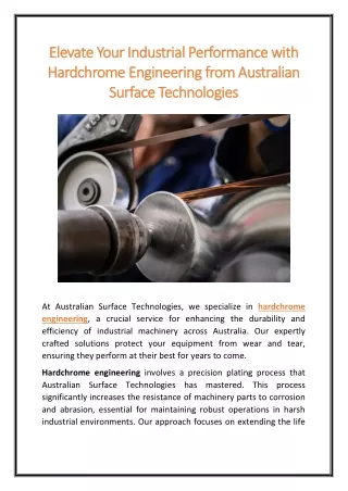 Elevate Your Industrial Performance with Hardchrome Engineering from Australian Surface Technologies