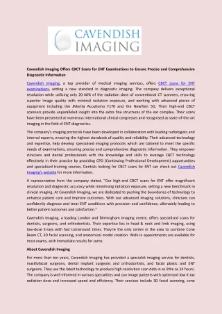 Cavendish Imaging Offers CBCT Scans for ENT Examinations to Ensure Precise and Comprehensive Diagnostic Information