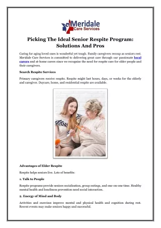 Picking The Ideal Senior Respite Program: Solutions And Pros