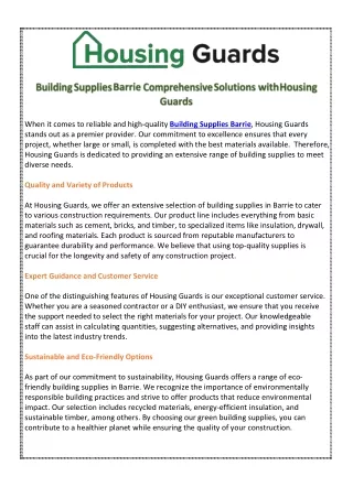 Building Supplies Barrie Comprehensive Solutions with Housing Guards