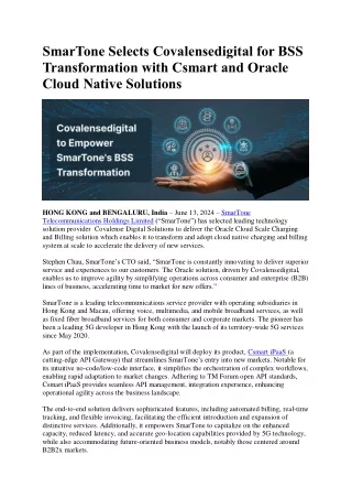 SmarTone Selects Covalensedigital for BSS Transformation with Csmart and Oracle Cloud Native Solutions