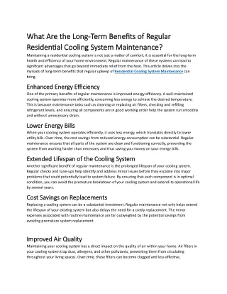 What Are the Long-Term Benefits of Regular Residential Cooling System