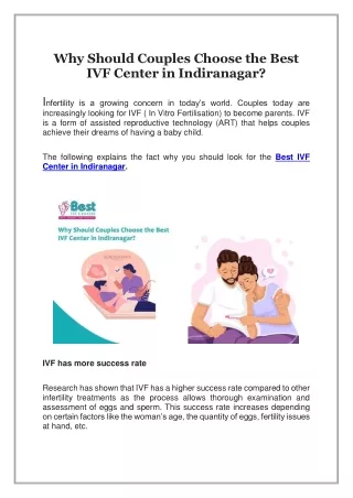 Why Should Couples Choose the Best IVF Center in Indiranagar