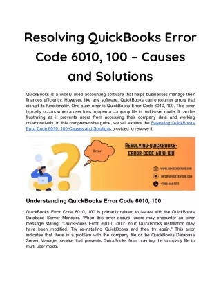 Resolving QuickBooks Error Code 6010, 100 – Causes and Solutions