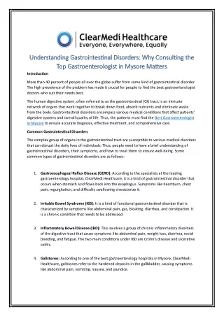 Understanding Gastrointestinal Disorders Why Consulting the Top Gastroenterologist in Mysore Matters