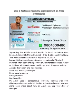 Child & Adolescent Psychiatry Expert Care with Dr. Arnab @9804509480