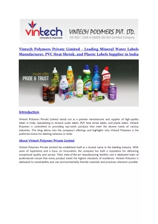 Vintech Polymers Private Limited - Leading Mineral Water Labels Manufacturer, PVC Heat Shrink, and Plastic Labels Suppli