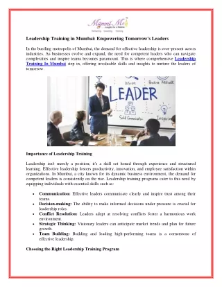 Unlock the Potential of Tomorrow's Leaders with Leadership Training in Mumbai