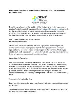 Discovering Excellence in Dental Implants: Dent Heal Offers the Best Dental Impl