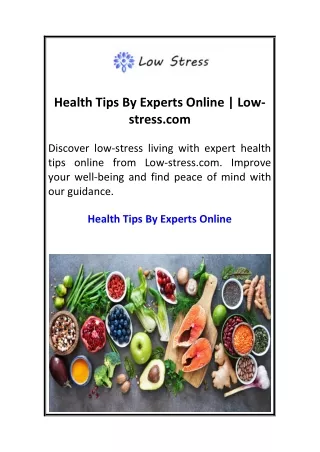 Health Tips By Experts Online  Low-stress.com