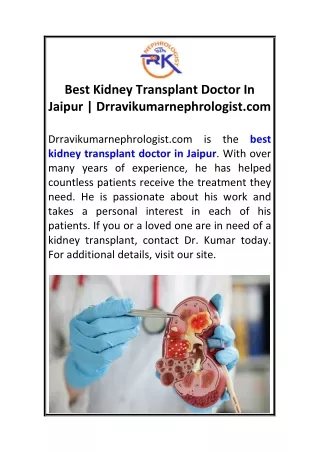 Best Kidney Transplant Doctor In Jaipur  Drravikumarnephrologist.com