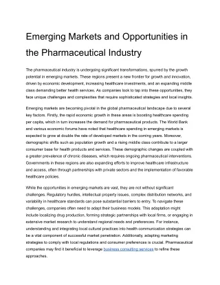 Emerging Markets and Opportunities in the Pharmaceutical Industry