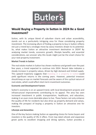 Would Buying a Property in Sutton in 2024 Be a Good Investment - Butler's