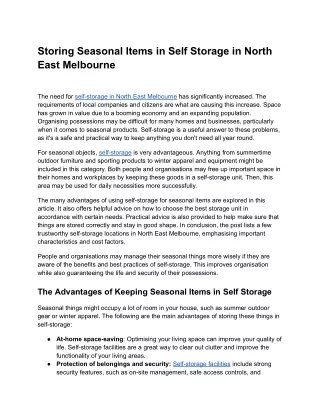 Storing Seasonal Items in Self Storage in North East Melbourne