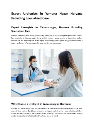 Expert Urologists in Yamuna Nagar Haryana Providing Specialized Care