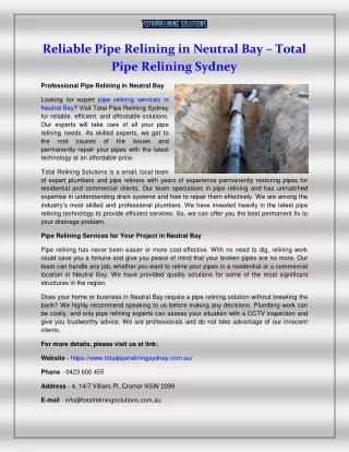 Reliable Pipe Relining in Neutral Bay – Total Pipe Relining Sydney